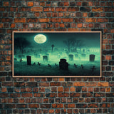 Halloween Cemetery At Night, Full Moon, Spooky Creepy Graveyard, ready to hang canvas print wall art