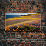 Lush Fields with Orange, Purple and Yellow Flowers, Vintage Italian Countryside, ready to hang canvas print wall art