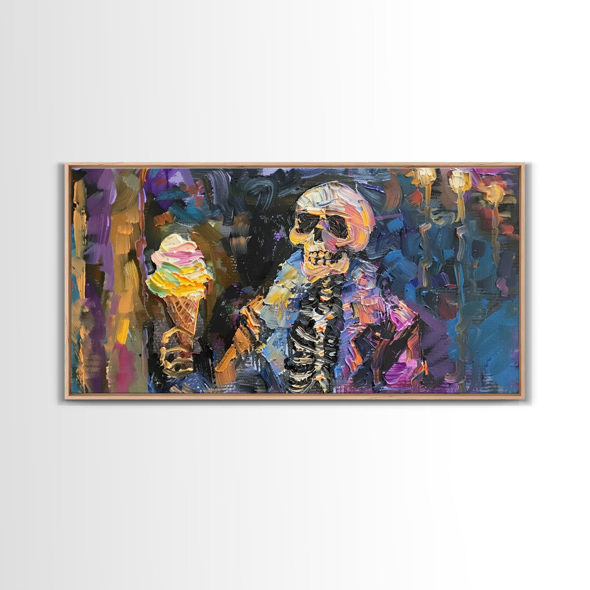 Halloween Art, Skeleton Having an Ice Cream Cone, Framed Canvas Print, Halloween Decor