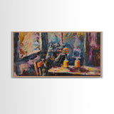 Funny Werewolf Having a Cheeseburger in a diner, framed canvas print, halloween decor