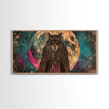 Hooded Werewolf Under The Full Moon, Framed Canvas Print, Wood Frame Halloween Wall Art, Dark Academia