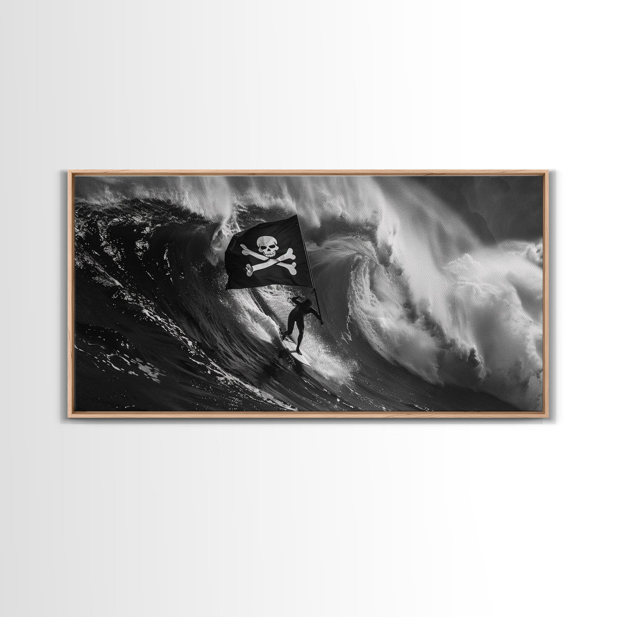 Surfer Waving A Skull and Crossbones Flag While Surfing - Framed Canvas Print - Cool Modern Art - Office / Mancave Decor Gift For Him