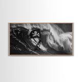 Surfer Waving A Skull and Crossbones Flag While Surfing - Framed Canvas Print - Cool Modern Art - Office / Mancave Decor Gift For Him