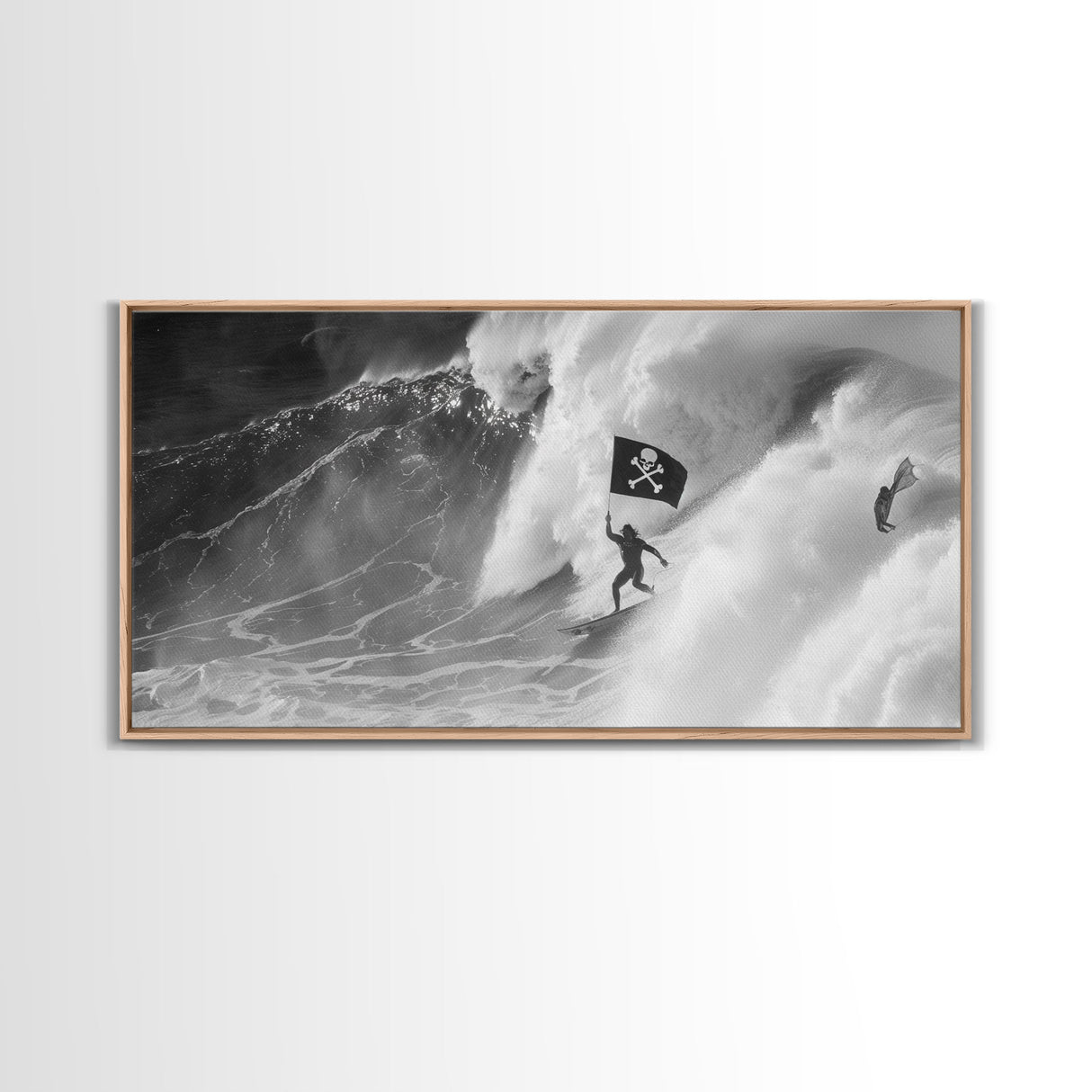 Surfer Waving A Skull and Crossbones Flag While Surfing - Framed Canvas Print - Cool Modern Art - Office / Mancave Decor Gift For Him