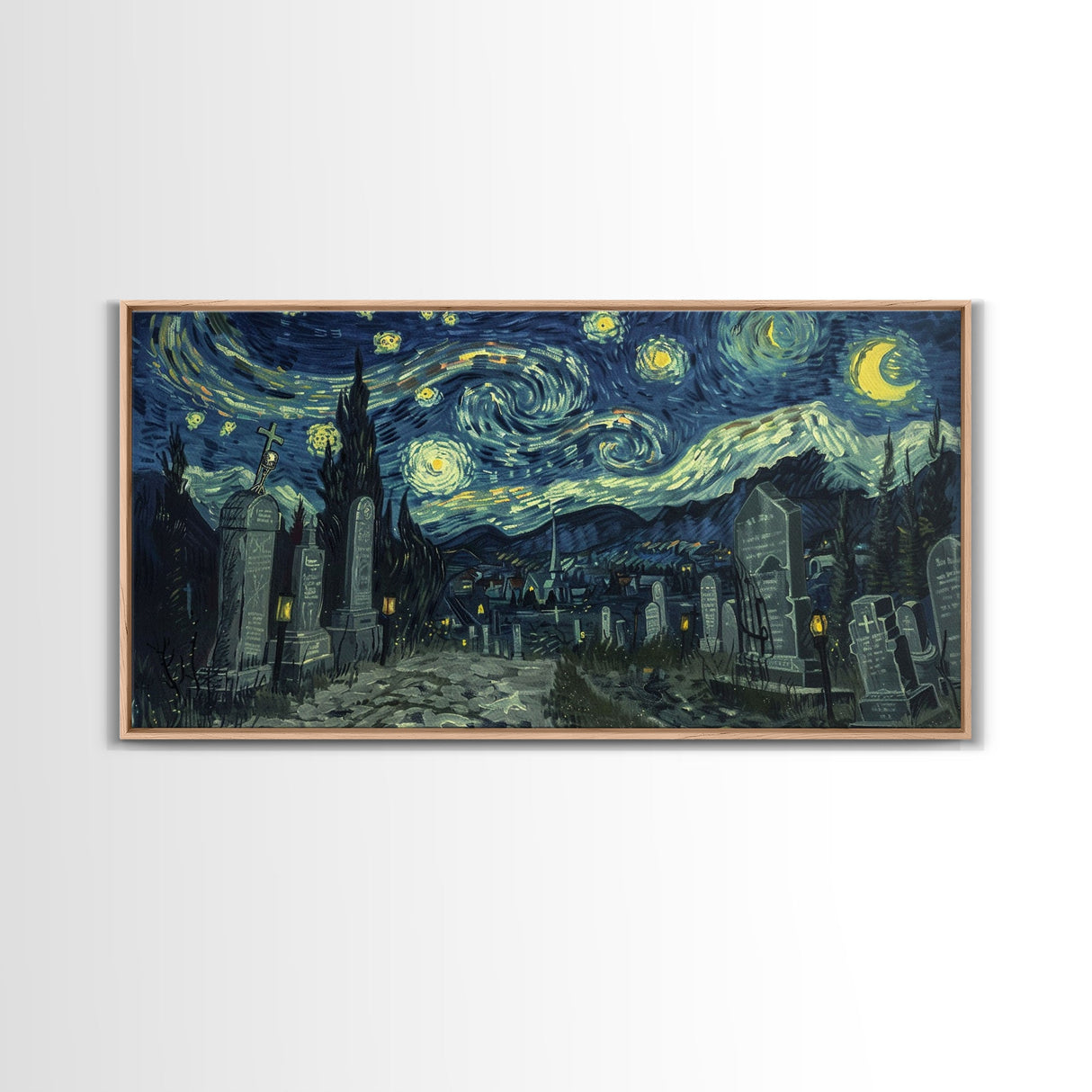 Haunted Graveyard Framed Canvas Print, Starry Night Van Gogh Inspired Halloween Decor, Spooky Vibes Halloween Gift