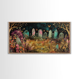 Colorful Haunted Grave Yard In The Spring Time, Framed Canvas Print, Spooky Wall Art, Halloween Spooky Season Decor