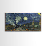 Starry Night Inspired Haunted Steam Train, Framed Canvas Print, Spooky Halloween Wall Art
