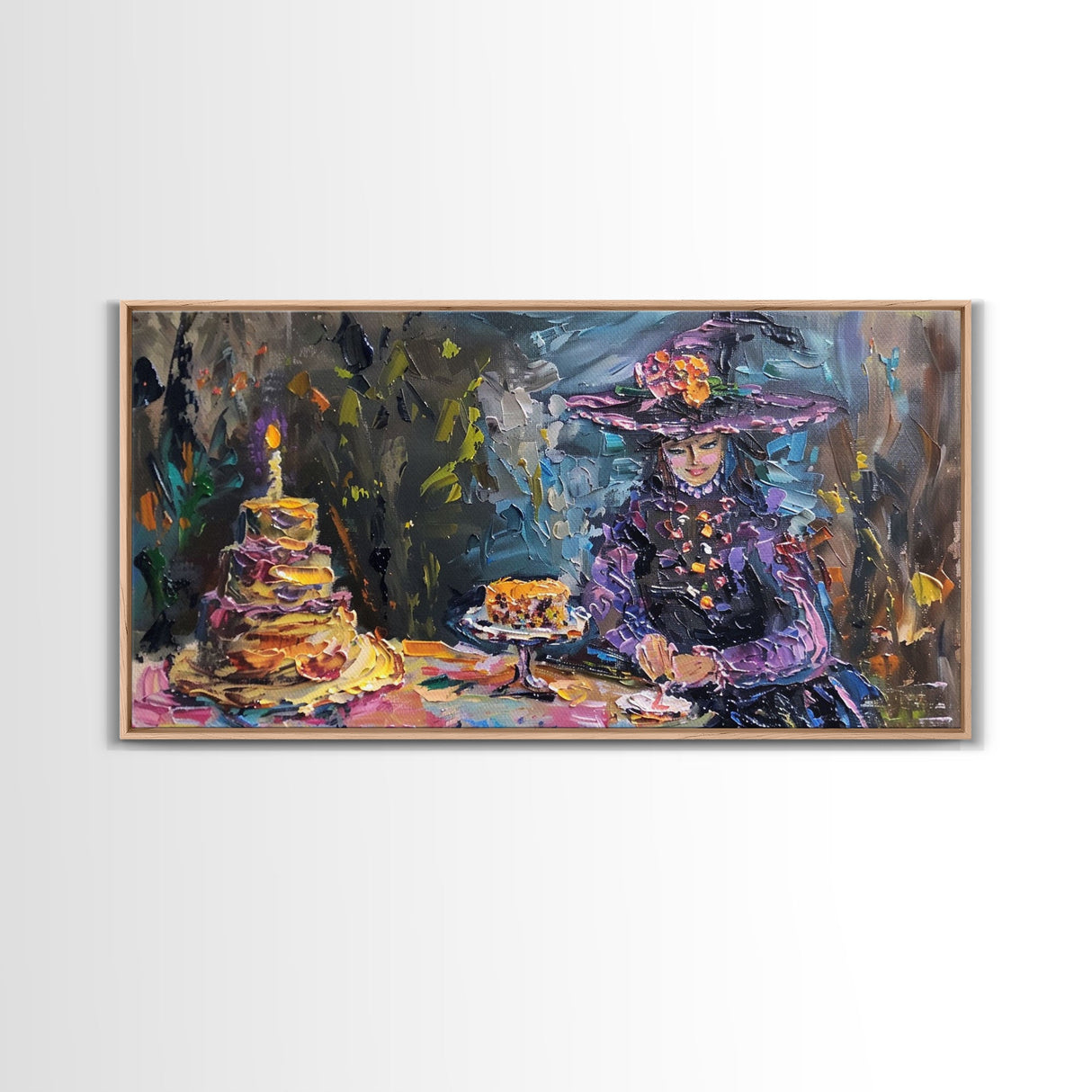Birthday Party for One, Springtime Witch and A Birthday Cake, Framed Canvas Print, Funny Halloween Art