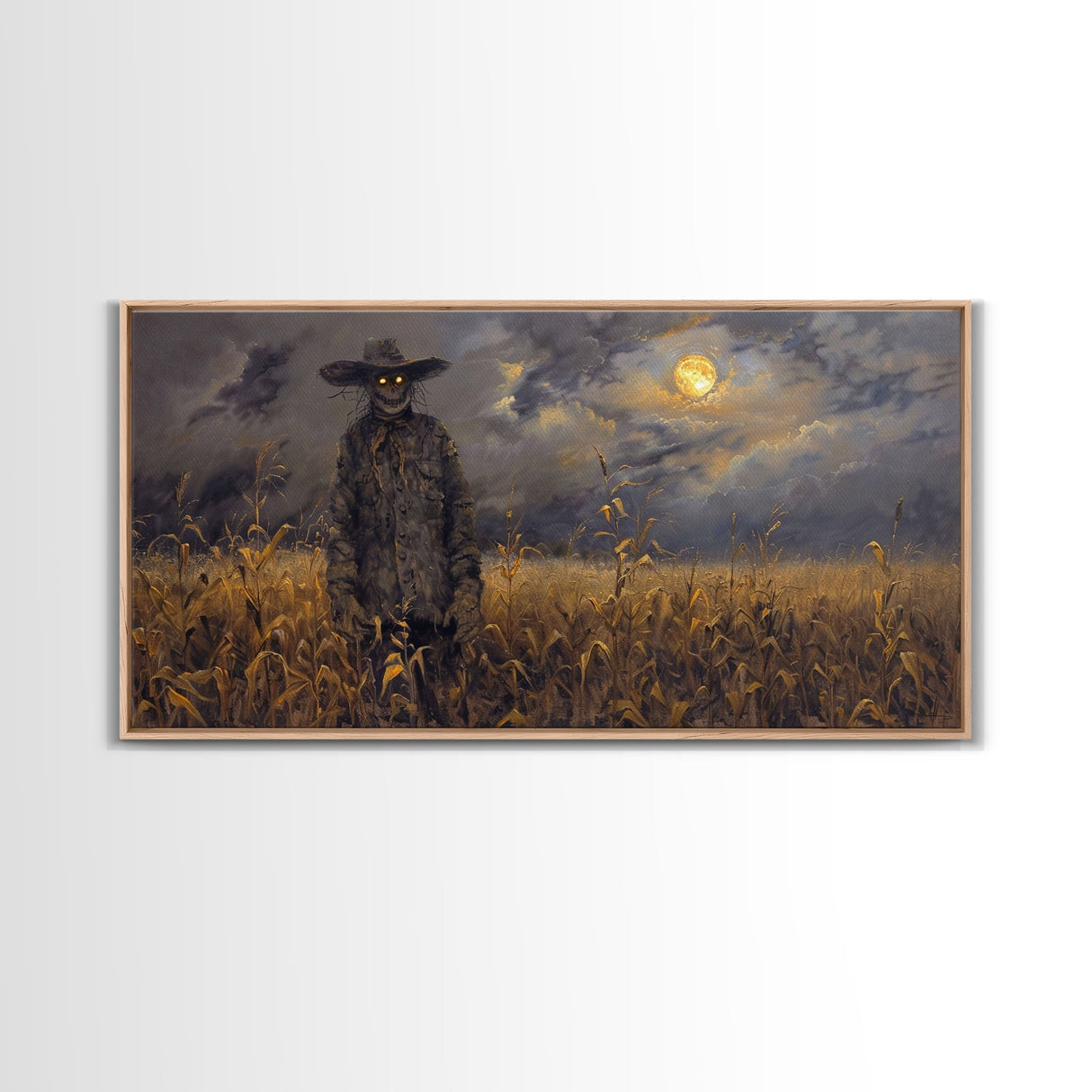 Scarecrow Under A Full Moon - Framed Canvas Print - Spooky Wall Art - Halloween Decor