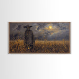Scarecrow Under A Full Moon - Framed Canvas Print - Spooky Wall Art - Halloween Decor