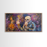 Spooky Skeleton having TWO ice cream cones! Why does he need two? Halloween Art, Framed Canvas Print