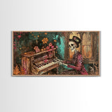 Skeleton Playing The Piano, Framed Canvas Print, Halloween Decor, Spooky Month Home Decor