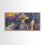 Skeleton In A Flower Hat Having an Ice Cream, Framed Canvas Print, funny Halloween Wall Art