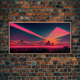 Cyberpunk lake art, city canvas, video game concept art, living room wall art, dystopian art, outrun city at sunset, man cave canvas print