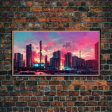 Cyber punk city skyline canvas print, outrun sunset, synthwave, vapor wave, dystopian city at sun set, mancave wall art, video game concept