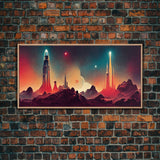 Art deco style space canvas print, space ship art, space art, outrun style, sci-fi themed art print, science fiction wall art