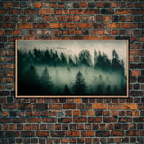 Framed Canvas Print, Pine Tree Forest, Misty Forest Landscape, Fog Covered Mountain, Nature Landscape Decor
