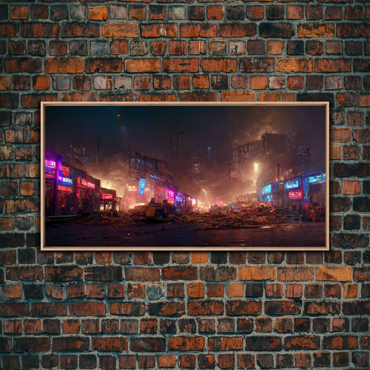 Destitute cyberpunk city with neon signs wall art, Bladerunner vibes art, synthwave style art, cool wall art