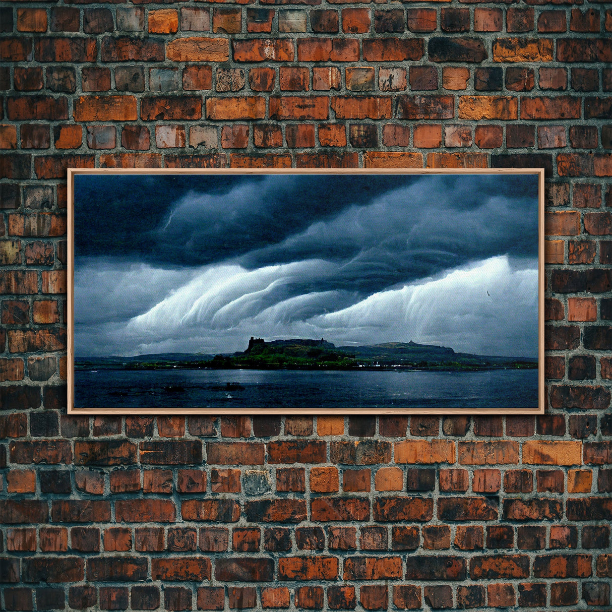 Rainstorm wall art, canvas print, ready to hang, fast moving storm over an island castle, cool wall art