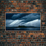 Rainstorm wall art, canvas print, ready to hang, fast moving storm over an island castle, cool wall art