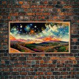 Night Starry Sky Landscape Framed Canvas Print, Colorful Night Sky Painting Nature Painting Living Room Wall Art Spiritual Starry Painting