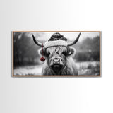 Highland Cow Wearing Santa Hat, Festive and Fun Framed Canvas Print for Holiday Wall Art, Living Room or Bedroom Decor