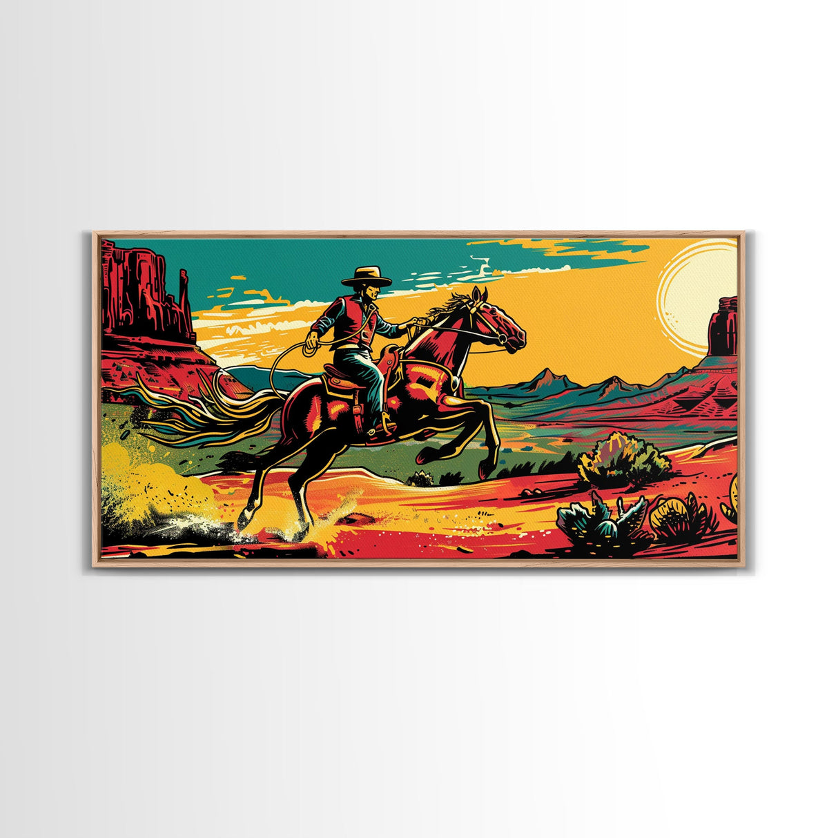 Cowboy Galloping in Desert, Vibrant Sunset Western Art, Framed Canvas Print, Farmhouse Decor, Colorful Wall Art, Cowboy Theme