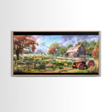 Tranquil Farm Scene with Red Barn and Tractor, Idyllic Rural Art, Framed Canvas Print, Country Wall Decor, Living Room Decoration