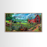 Green Tractor and Red Barn with Farm Animals, Vibrant Rural Art, Framed Canvas Print, Country Wall Decor, Living Room Decoration