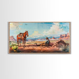 Cowboy Resting with Horse in Desert Landscape, Classic Western Art, Framed Canvas Print, Rustic Wall Decor, Living Room Decoration