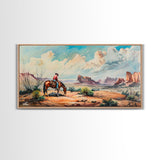 Cowboy Gazing Over Expansive Desert, Boho Western Landscape Art, Framed Canvas Print, Living Room Wall Decor, Rustic Country Style