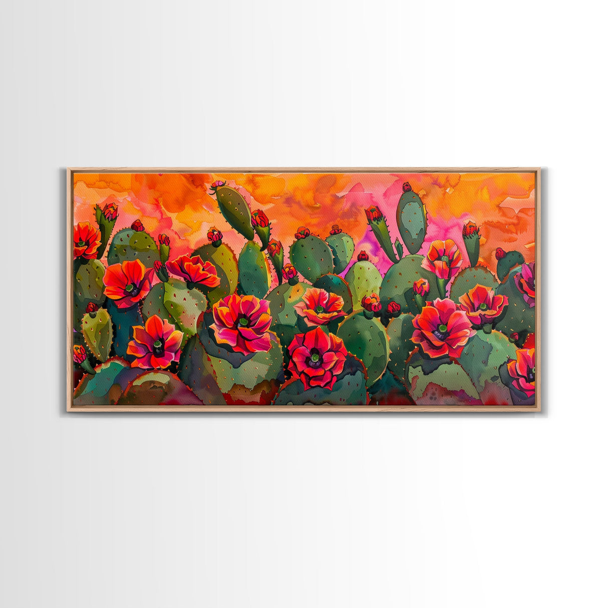 Lush desert landscape with blooming cacti at sunset, Framed Canvas Print, ideal for minimalist living room, wall art decor
