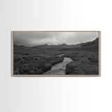 River and Rolling Hills Under Cloudy Sky, Black and White Framed Canvas Print Rustic Farmhouse Living Room Decor, Landscape Art, Home Decor