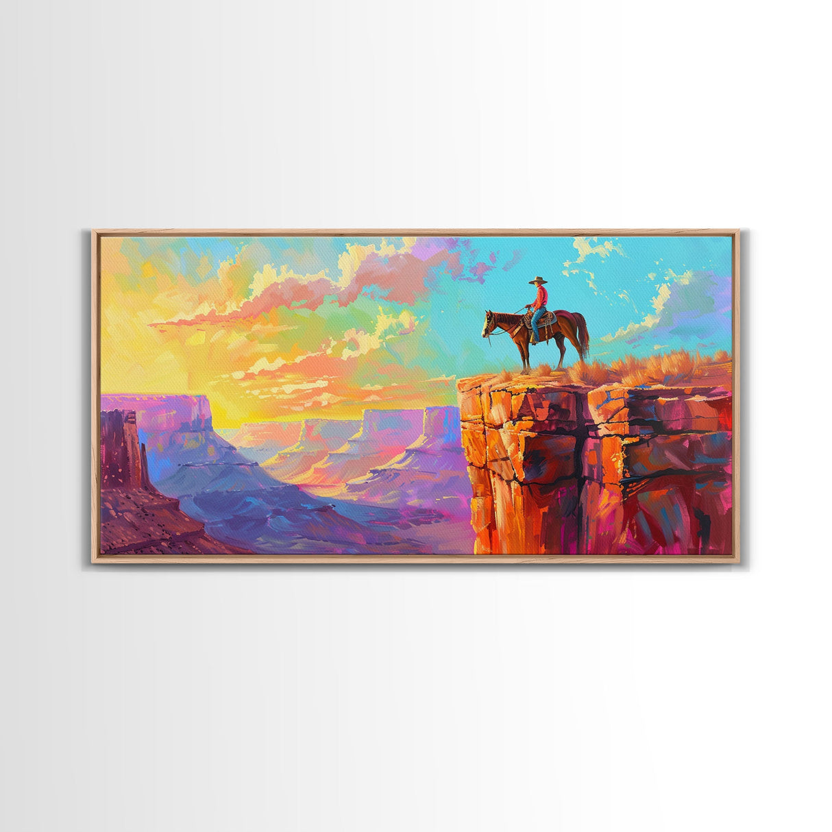 Cowboy on Horse Overlooking Canyon Sunset, Farmhouse Style Framed Canvas Print for Living Room Wall Art, Vibrant Home Decor, Western Scene