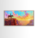 Cowboy on Horse Under Vibrant Sky, Farmhouse Style Framed Canvas Print for Bedroom Wall Art, Rustic Home Decor, Western Scenic Art