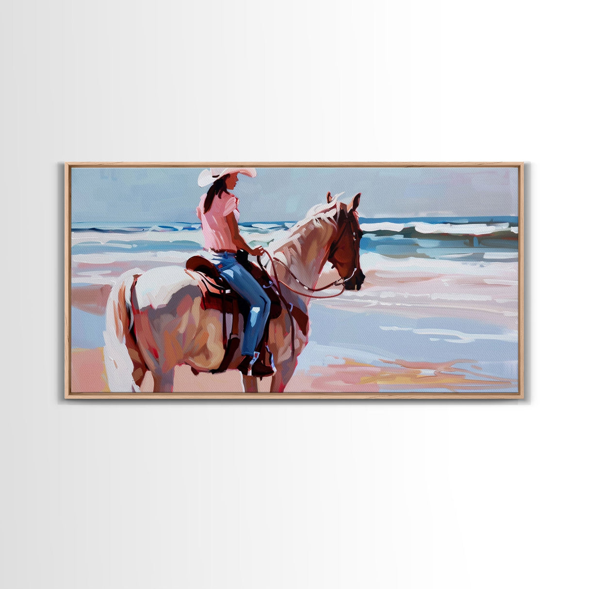 Horseback Riding by the Sea, Calm Framed Canvas Print, Perfect for Coastal Living Room Art, Beach Bedroom Decor, Equestrian Wall Art