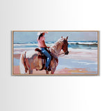 Horseback Riding by the Sea, Calm Framed Canvas Print, Perfect for Coastal Living Room Art, Beach Bedroom Decor, Equestrian Wall Art