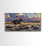 Cowgirl Galloping Across Desert Landscape, Vibrant Framed Canvas Print, Perfect for Living Room Art, Western Bedroom Decor, Desert Wall Art