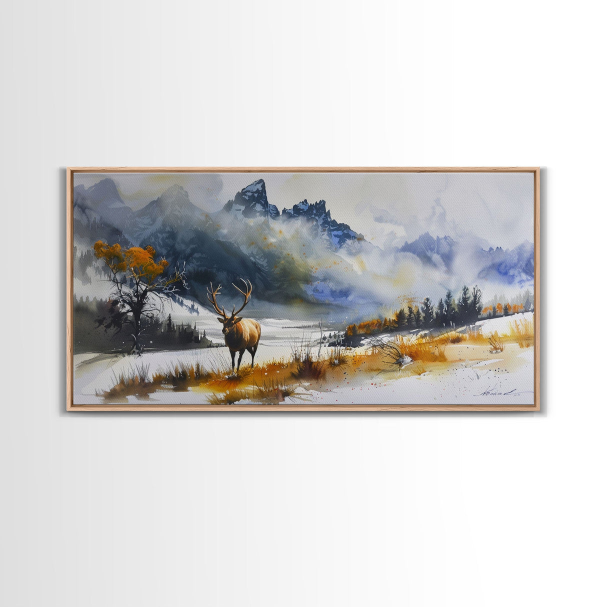 Majestic Elk in Snowy Mountain Scene, Beautiful Framed Canvas Print,for Living Room Art Rustic Bedroom Decor Nature Wall Art, Wildlife Scene