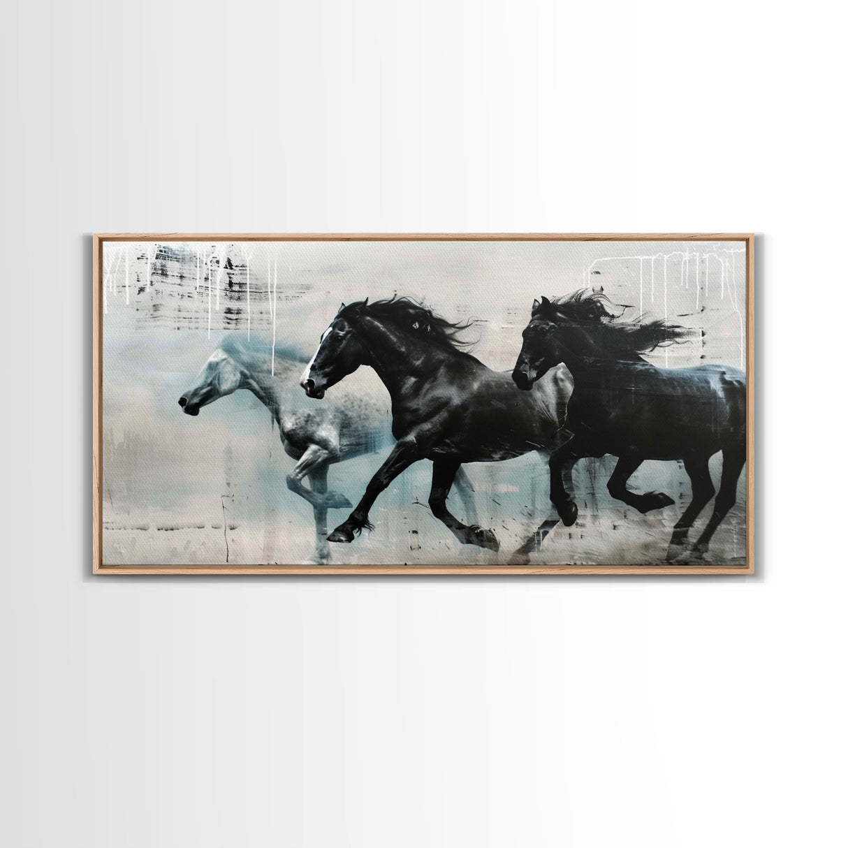 Galloping Horses in Monochrome Abstract Landscape, Perfect Wall Art, Framed Canvas Print for Living Room or Bedroom Decor, Equestrian Art