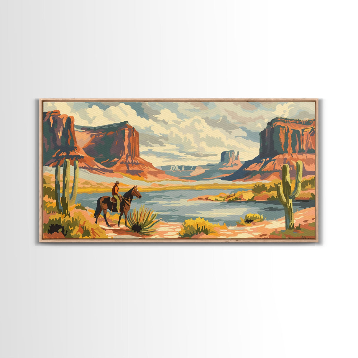 Cowboy in Monument Valley Landscape, Framed Canvas Print for Rustic Living Room Decor, Western Art for Bedroom and Home Decoration