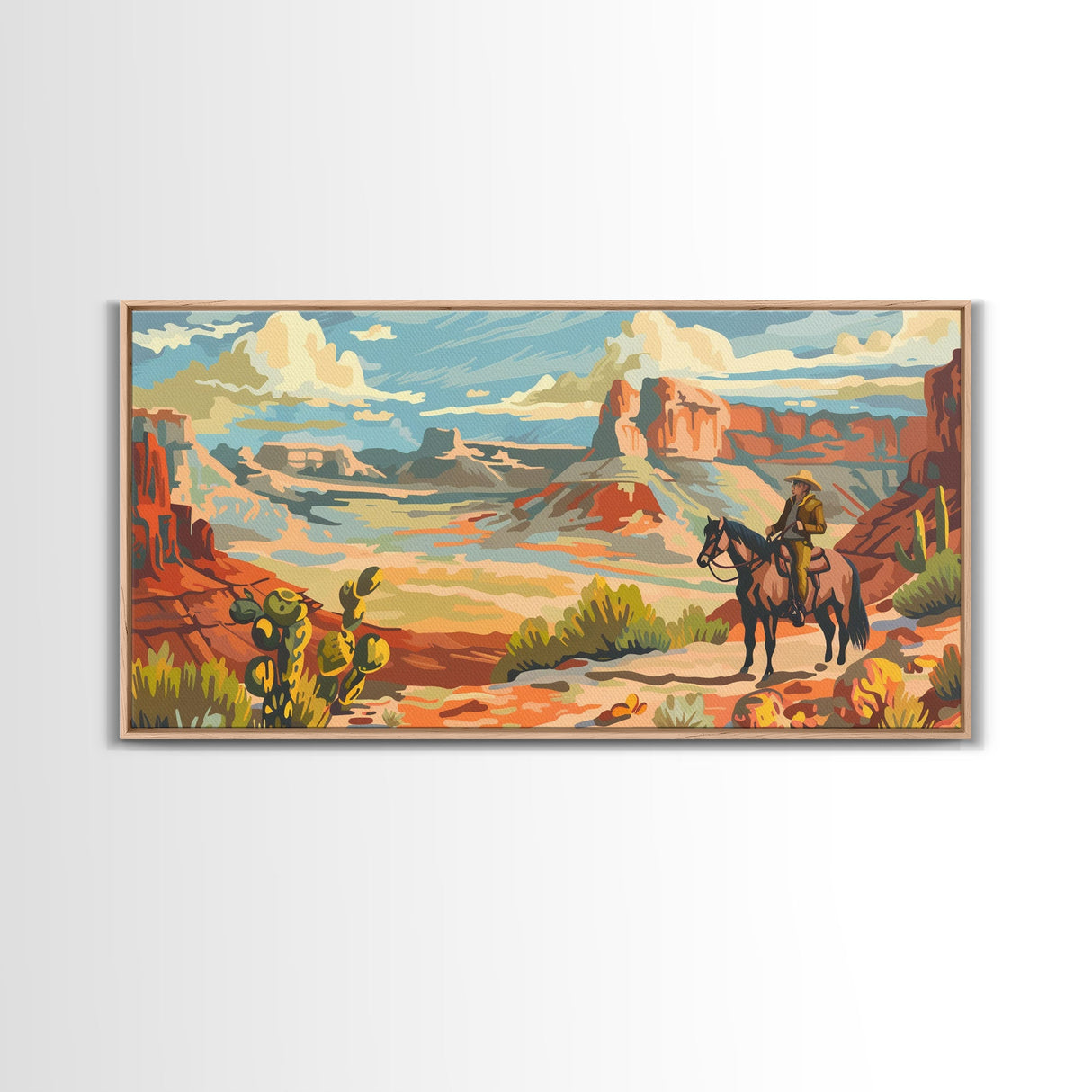 Cowboy Riding through Canyon, Framed Canvas Print for Rustic Living Room Decor, Western Art for Home and Bedroom Decoration