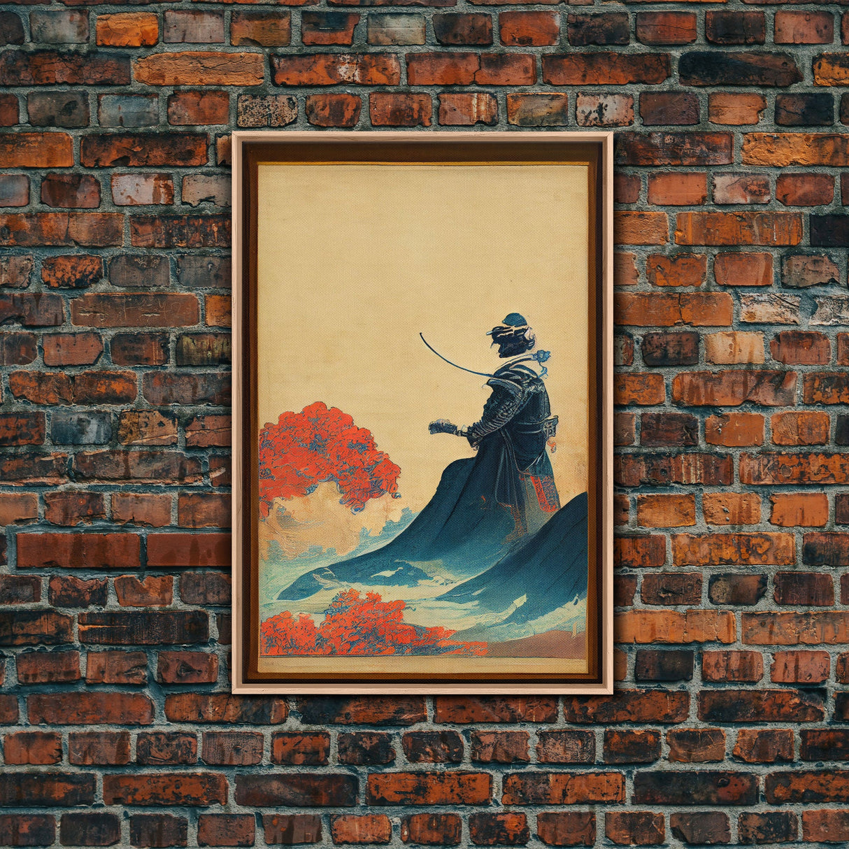 Red And Blue Japanese Samurai Warrior Wall Poster, Fine Art Print