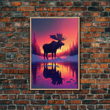 Moose of Canada, retrowave inspired Nature art, framed canvas print, cabin art, colorful farmhouse decor