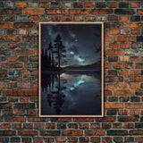 Reflections of a starry night sky over the lake, lakehouse art, beautiful framed canvas print