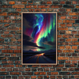 Winter road Under the Aurora Borealis, Northern Lights Art, framed canvas print, snow capped mountain landscape art
