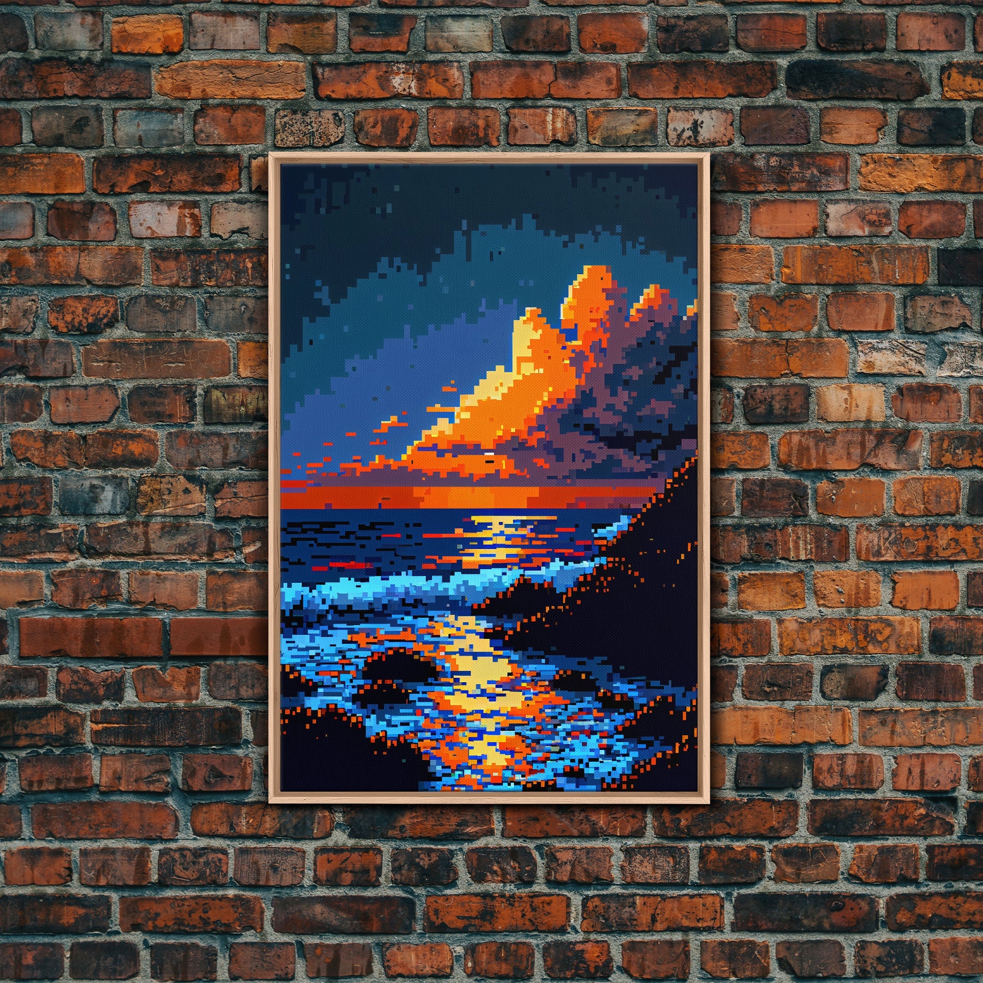 Pixel Art Sunset obscured by clouds, framed canvas print, 8