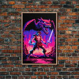 Tabletop RPG art, vaporwave neon aesthetic, Barbarian art, framed canvas print