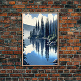 Washington State Pine Tree Forest and Lake Reflection, Framed Canvas print, watercolor painting print, unique living room wall art