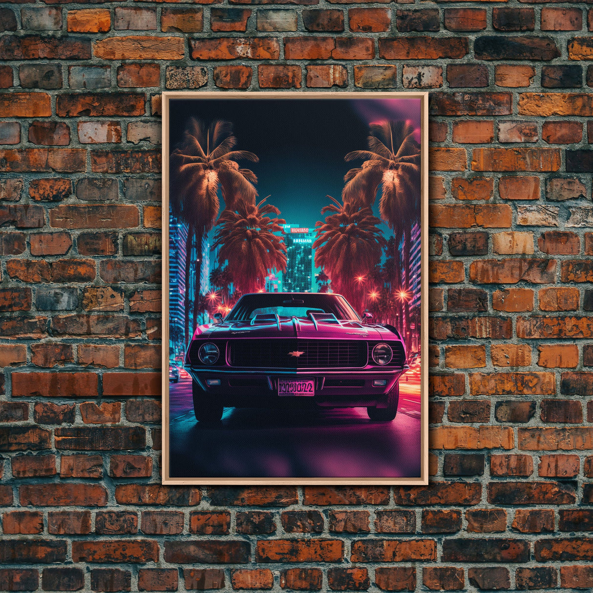 American Muscle Car on Sunset Strip, Retro Synthwave Art, Framed Canvas Print, Gift For Him, Muscle Car Art